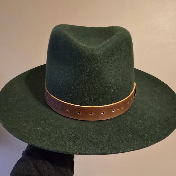 WYETH Hunter Green Wide-Brim Fedora Hat with Brown Leather Band - Picture 2 of 5